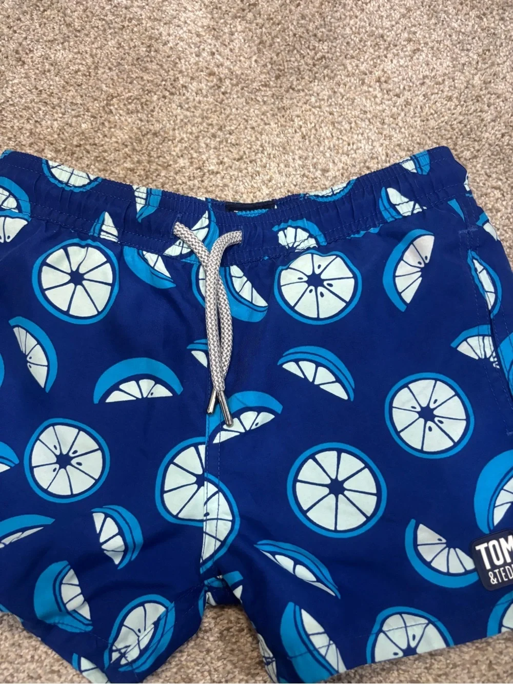Tom & Teddy Blue Swim Trunks with Citrus Pattern 3/4 Beachy Summer Toddler Boy